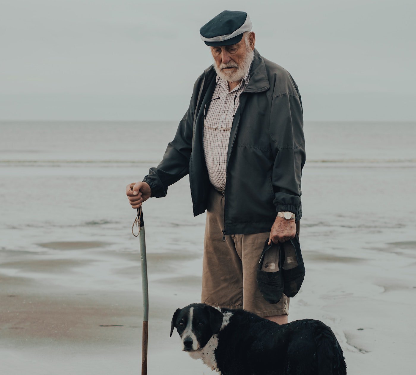 Older man and his dog walking the beach